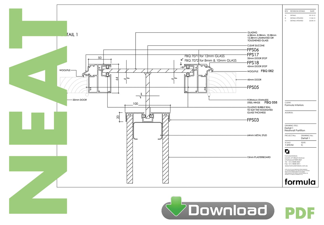 Neat Partition System drawings pdf download - Formula Interiors